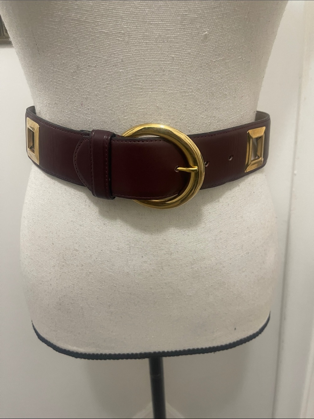 Anne Klein Wide Burgundy Leather Belt with Gold Round Buckle